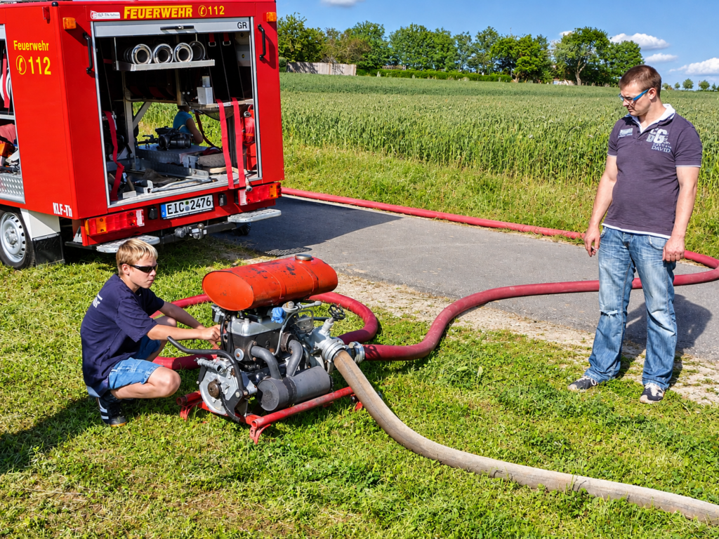 Feuerwehrübung der Freiwilligen Feuerwehr Hausen mit Tragkraftspritze und Löschschläuchen