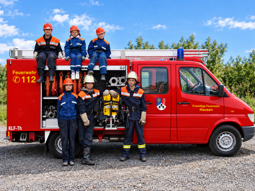 Jugendfeuerwehr vor rotem Auto